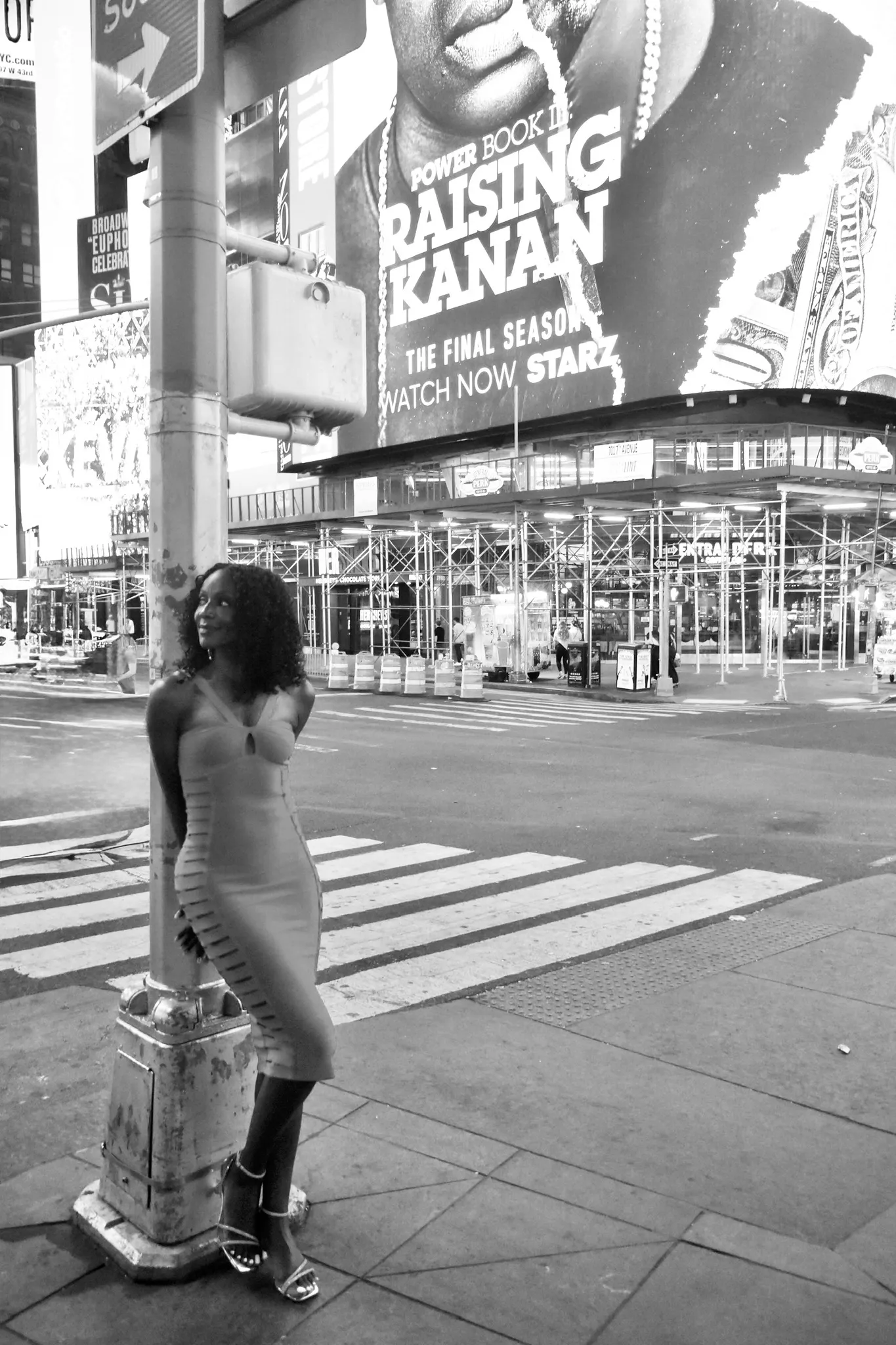 Kay Malcolm in Times Square, black and white