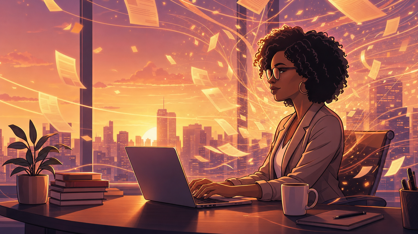 Kay at her desk surrounded by streams of glowing pages, the idea of a model that read almost the whole internet