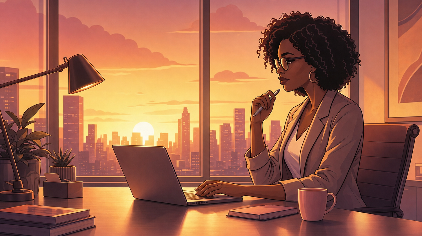 A confident woman using AI at her desk