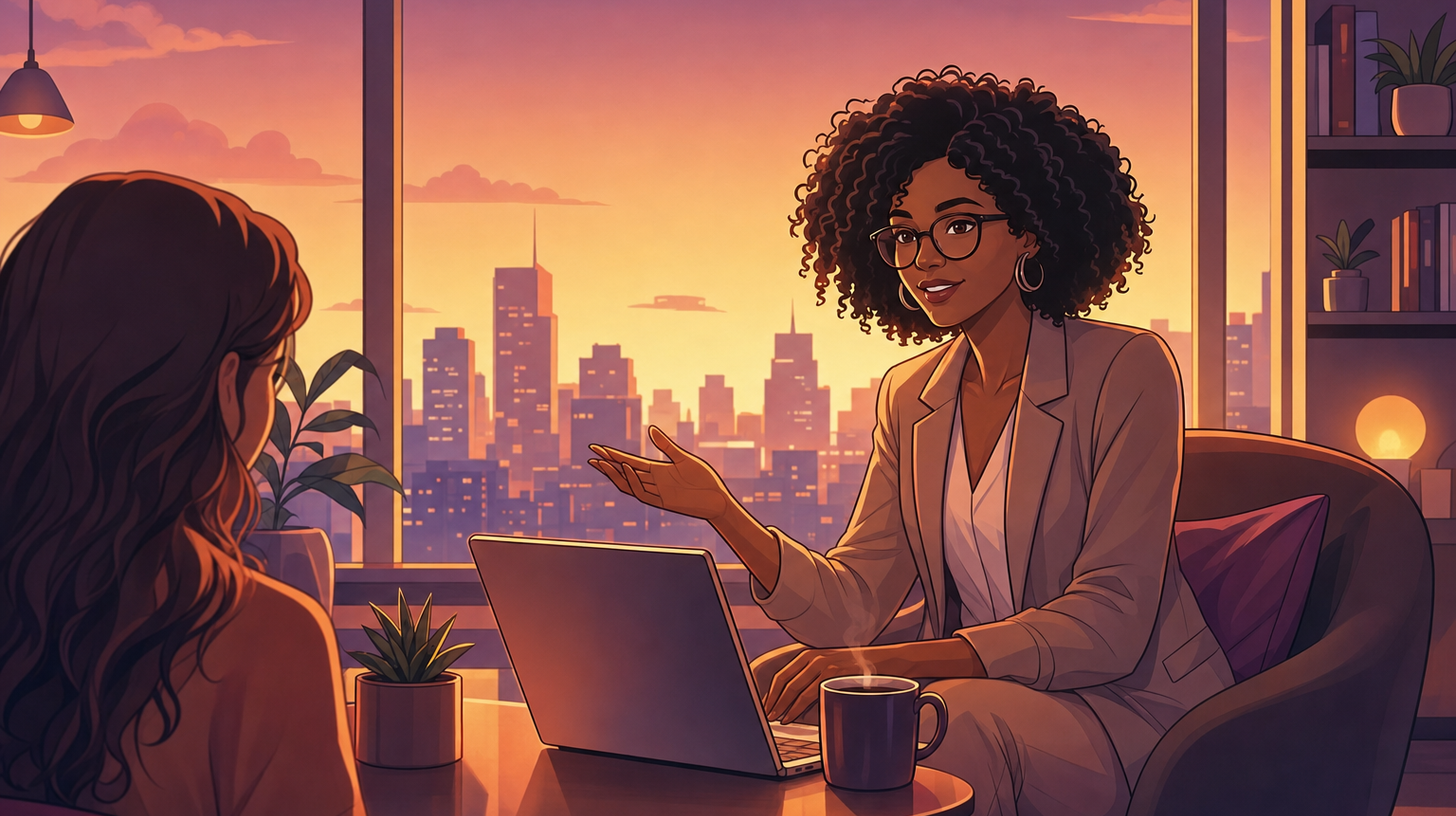 Kay welcoming a newcomer to a friendly AI chat