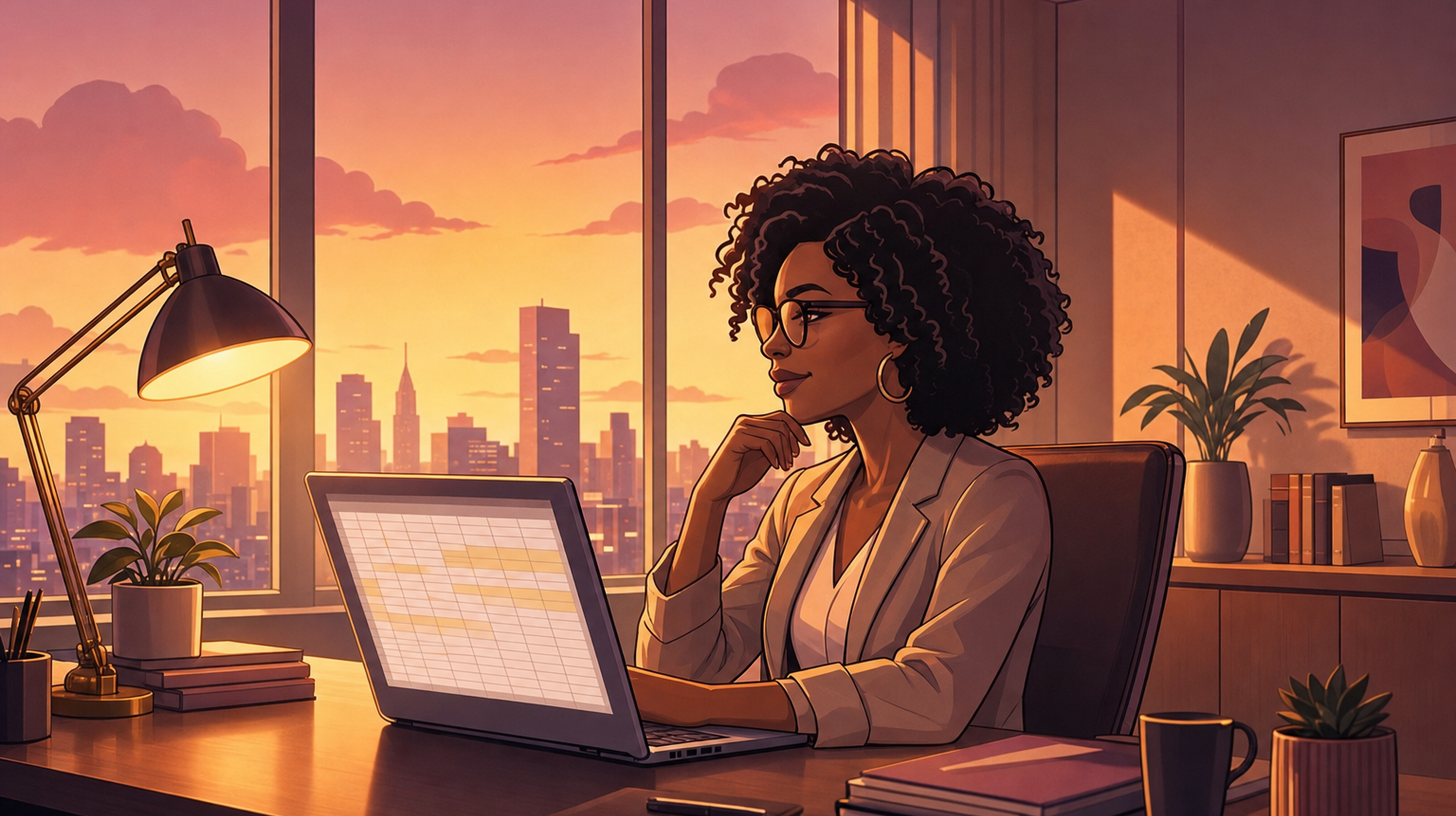 Kay at a wide desk at sunset, hand on chin, pressure-testing a glowing spreadsheet on her laptop