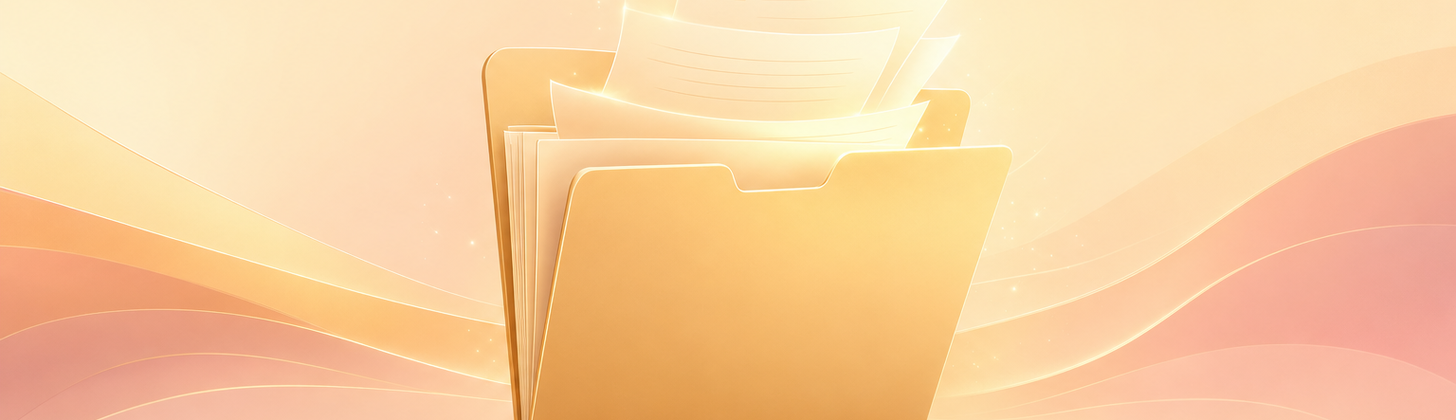 An open folder holding softly glowing document pages, a persistent Project that remembers your context