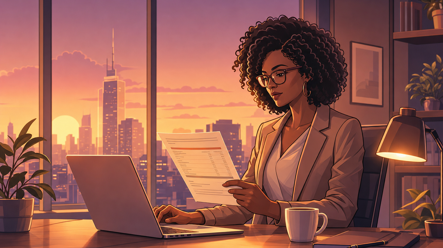 Kay calmly reviewing an AI bill